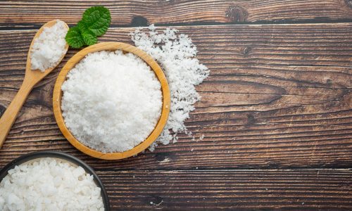 salt in wooden small plate